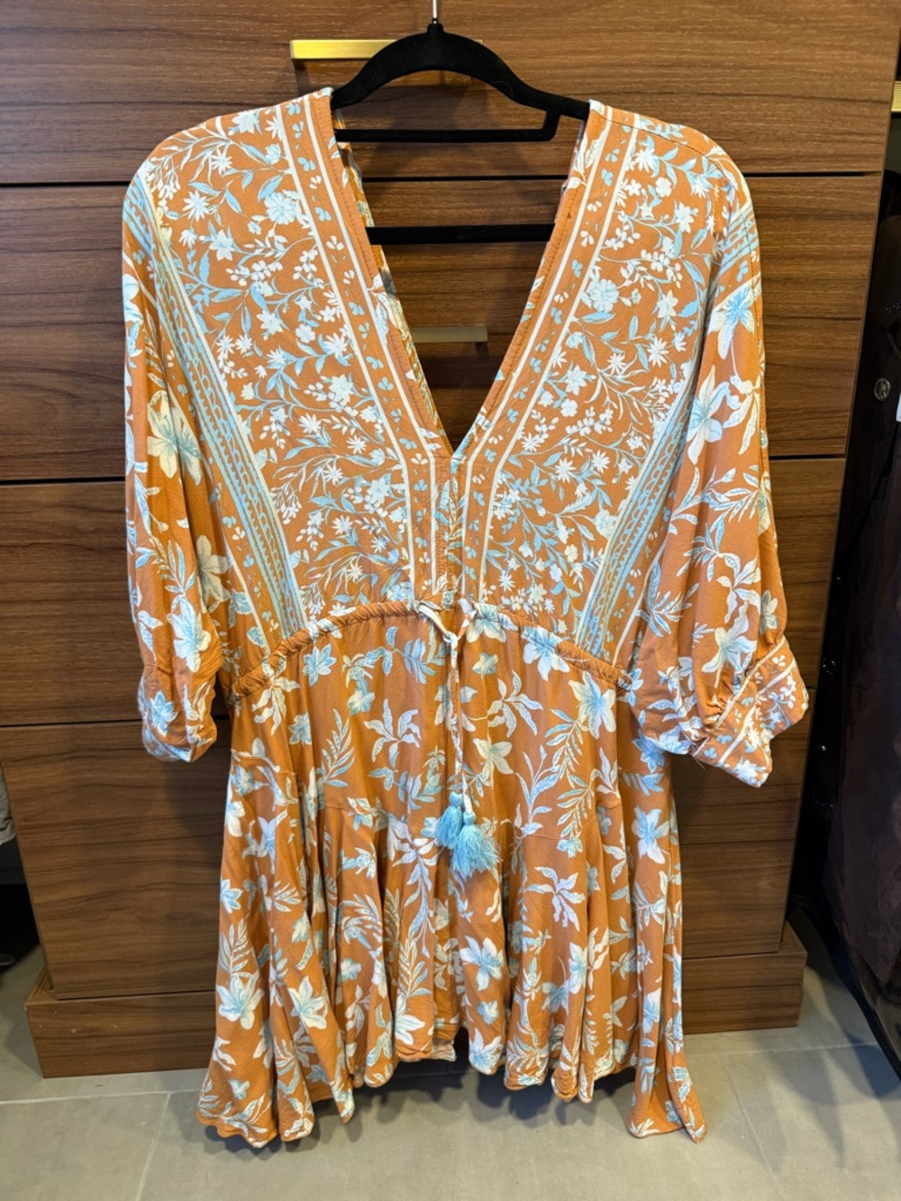 Baltic Born “Adria” Orange and White Floral V-Neck Mini Dress